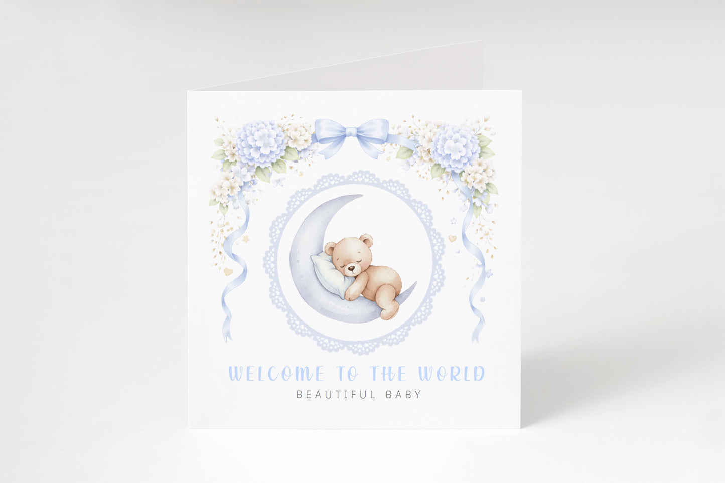 New Baby Boy Card Congratulations for Newborn Son, Grandson, Nephew, Little One, Welcome To The World, Baby Shower Card - Cute Teddy Bear on a Moon Design  - Blue Envelope Included