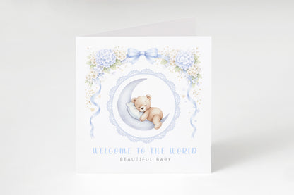 New Baby Boy Card Congratulations for Newborn Son, Grandson, Nephew, Little One, Welcome To The World, Baby Shower Card - Cute Teddy Bear on a Moon Design  - Blue Envelope Included