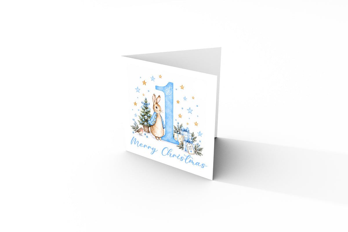 Merry Christmas Card for Baby Boys – Cute Blue Rabbit and Number 1