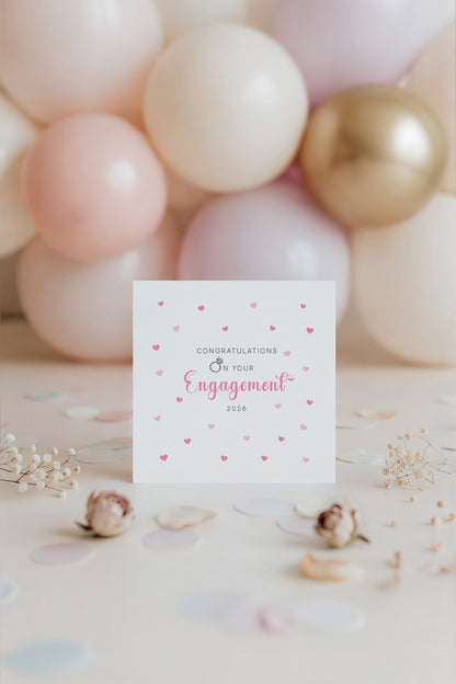 Engagement Card 2026 – Congratulations on Your Engagement Card – Ring and Pink Hearts Design – Romantic Engagement Card for Newly Engaged Couple, Him or Her - Pink Envelope Included