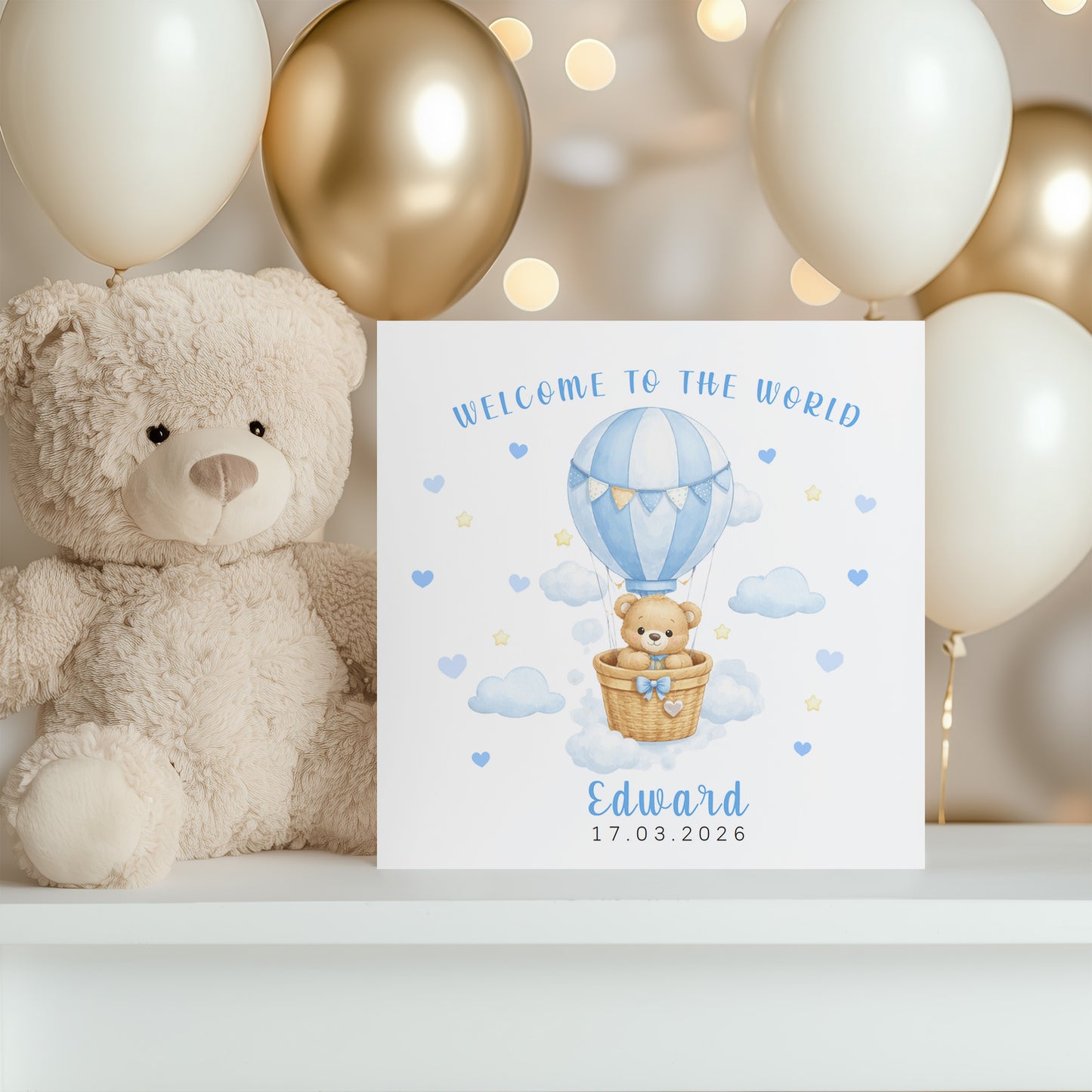 Personalised New Baby Boy Card Congratulations for Newborn Son, Grandson, Nephew, Welcome To The World Card - Teddy Bear with Hot Air Balloon Design with Custom Name and Date - Blue Envelope Included