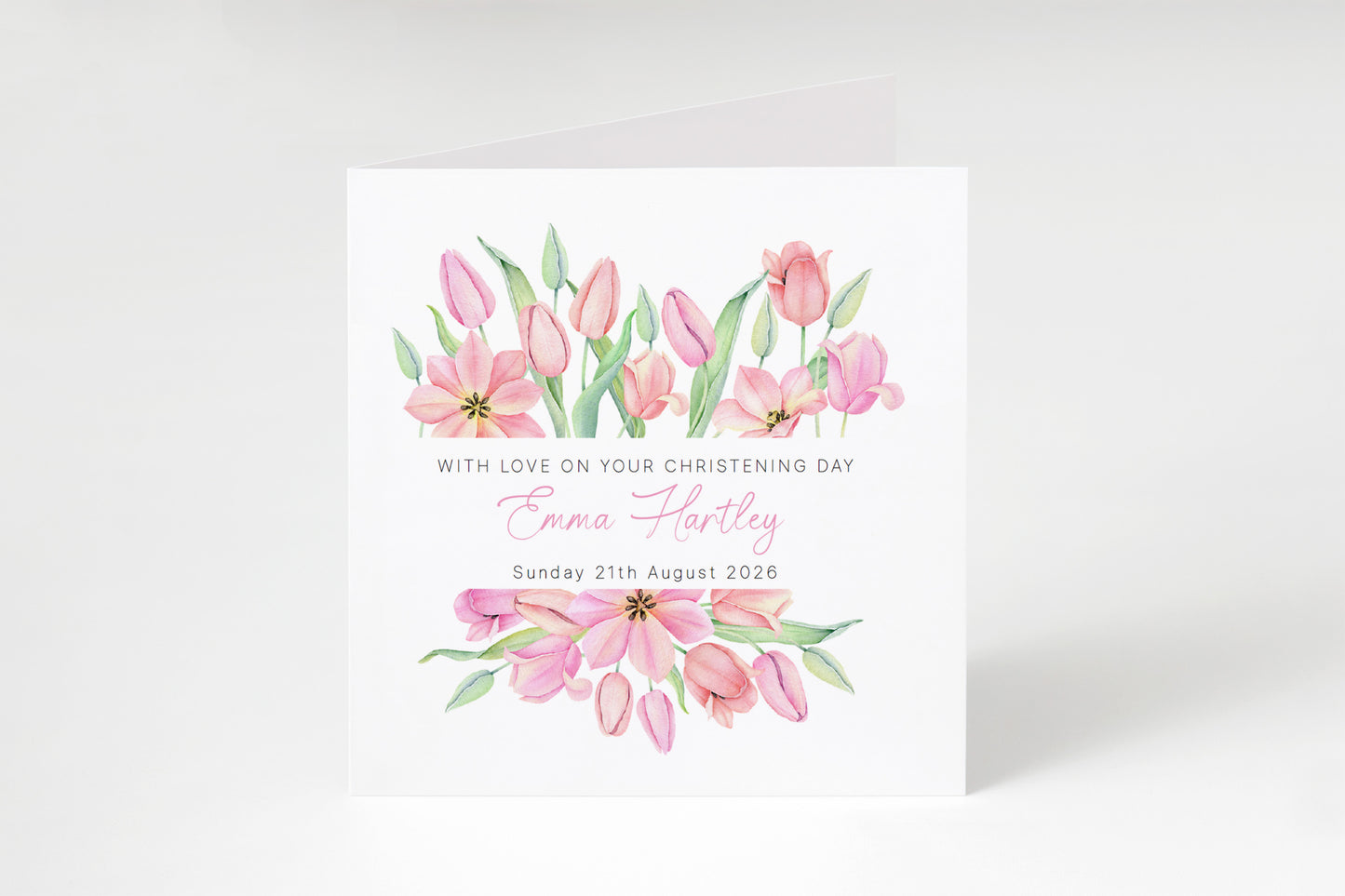 Personalised Christening Card for Girl – Custom Baptism Card with Name & Date - Pink Floral Design – Religious Baptism Card for Girls, Daughter, Granddaughter, Niece - Pink Envelope Included