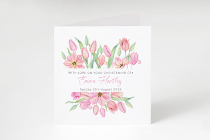 Personalised Christening Card for Girl – Custom Baptism Card with Name & Date - Pink Floral Design – Religious Baptism Card for Girls, Daughter, Granddaughter, Niece - Pink Envelope Included