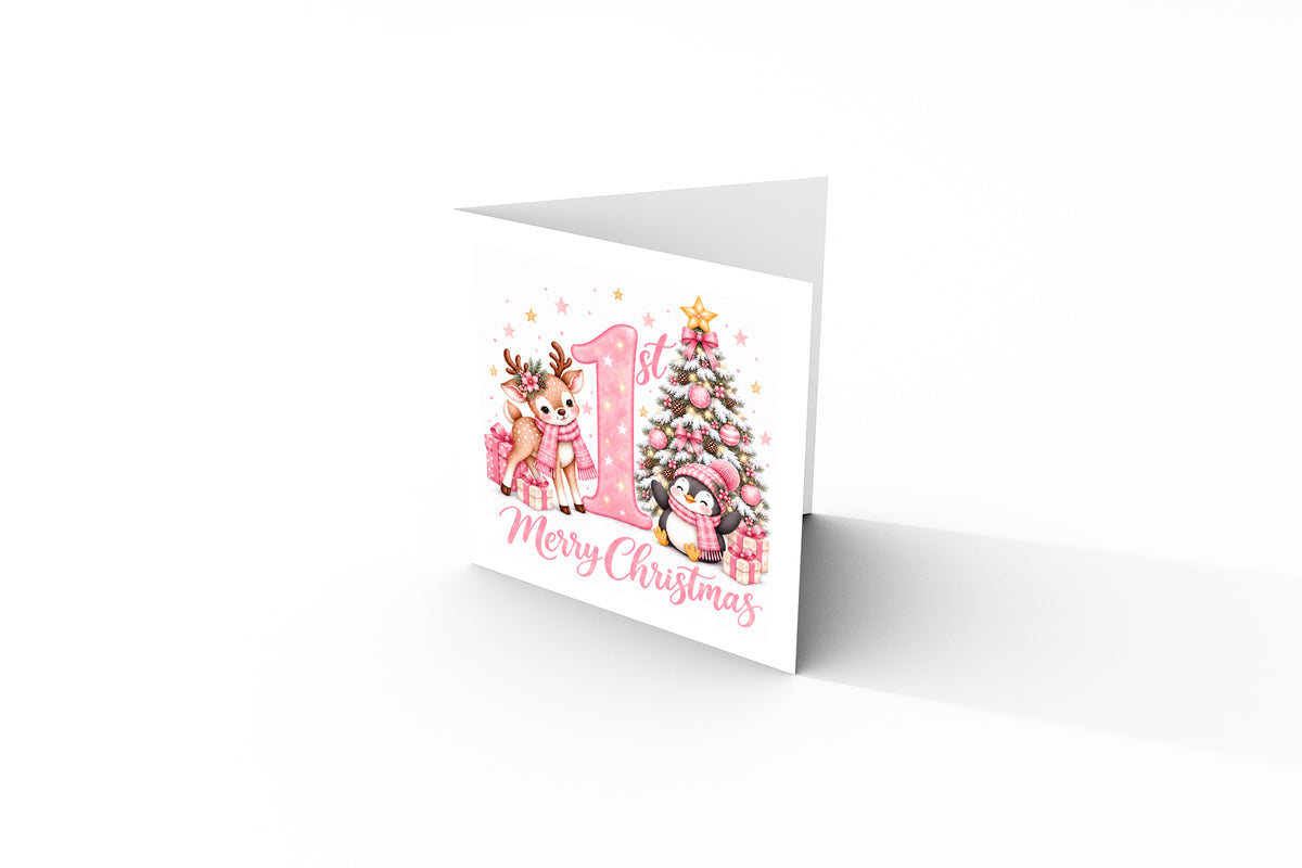 Baby Girl's 1st Christmas Card – Pink Reindeer & Penguin