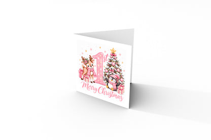 Baby Girl's 1st Christmas Card – Pink Reindeer & Penguin