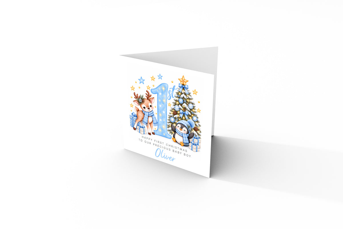 Personalised Baby Boy's 1st Christmas Card – Reindeer & Penguin