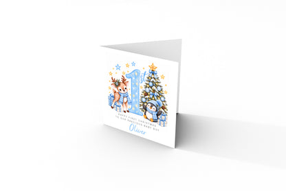 Personalised Baby Boy's 1st Christmas Card – Reindeer & Penguin