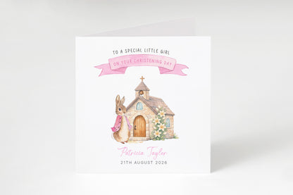 Personalised Christening Card for Girl – Custom Baptism Card with Message, Name & Date - Cute Bunny & Church Design – Baptism Card for Girls, Daughter, Granddaughter, Niece with Pink Envelope
