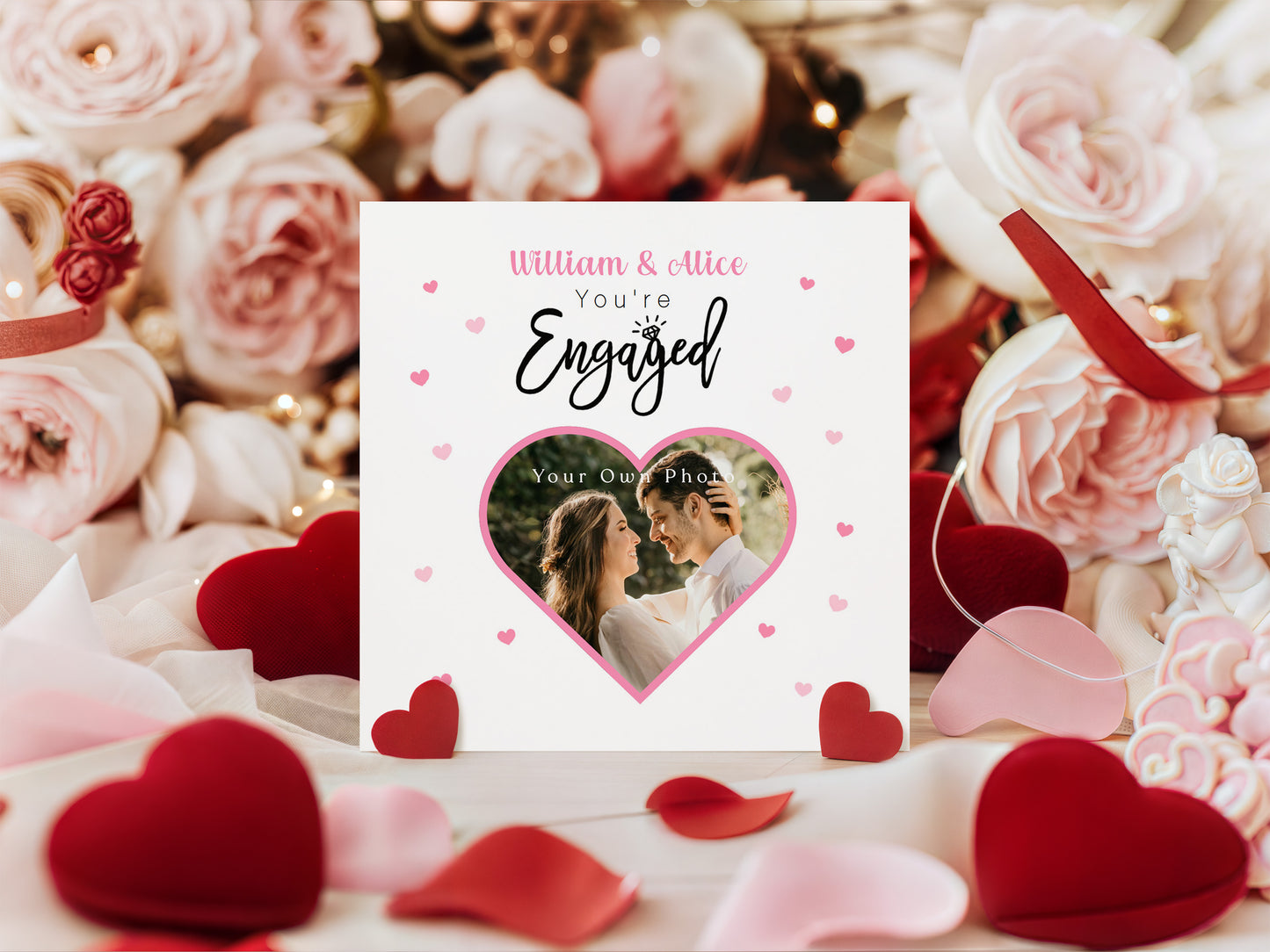 Personalised Photo Engagement Card – Custom Photo & Couple's Names - Heart Photo Frame Design - Congratulations Engagement Card for Newly Engaged Couples - Pink Envelope Included