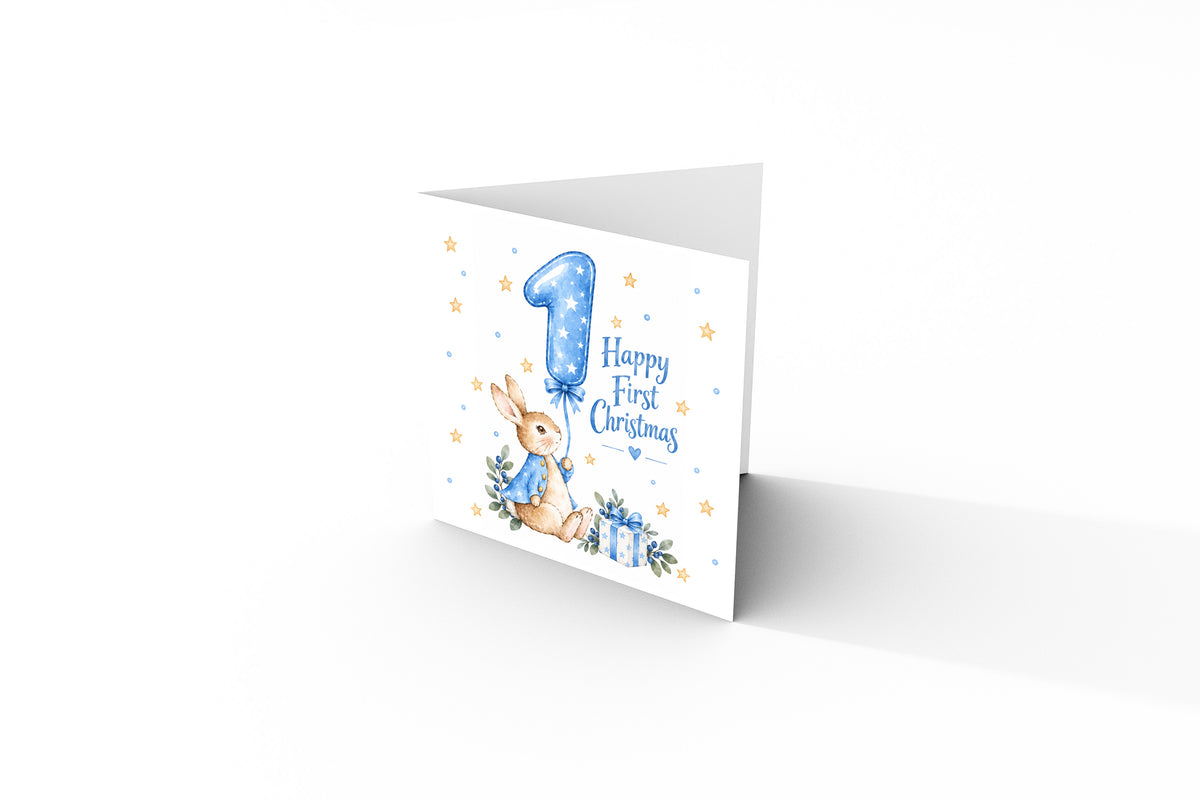 Happy Baby Boy's First Christmas Card – Blue Cute Bunny Design