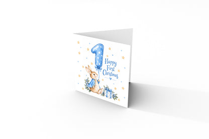 Happy Baby Boy's First Christmas Card – Blue Cute Bunny Design