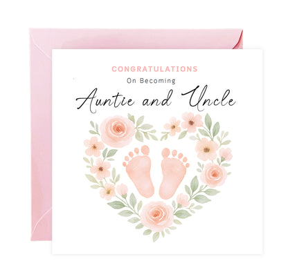 Personalised New Baby Girl Card – Congratulations On Becoming Mum, Dad, Brother, Sister or Grandparents – Custom Recipient Names Card for New Role – Pink Floral Baby Feet design with Pink Envelope