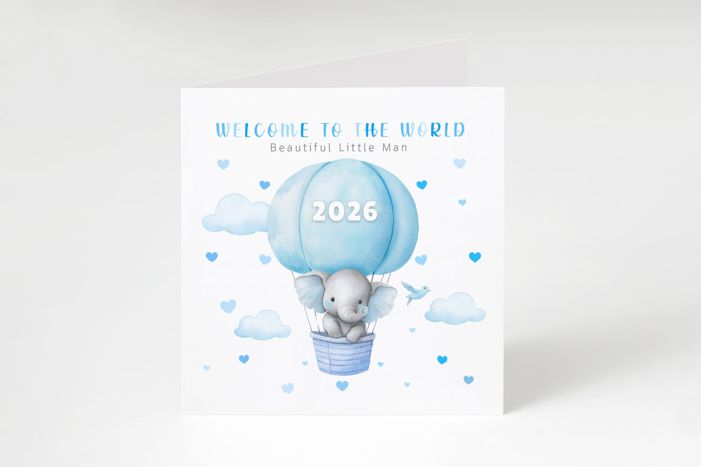 2026 New Baby Boy Card Congratulations for Newborn Son, Grandson, Nephew, Little One - Welcome To The World, Baby Shower Card - Elephant in a Hot Air Balloon Design  - Blue Envelope Included