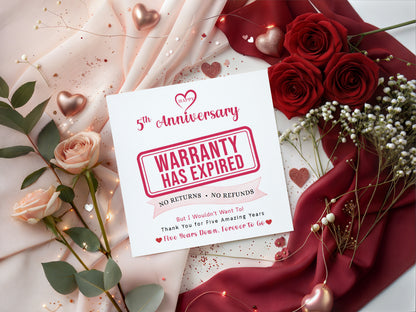 Funny 5th Anniversary Card- Warranty Has Expired - 5 Year Wedding Anniversary Card – No Returns No Refunds Joke Card for Wife, Husband, Her, Him, Relationship Milestones - Red Envelope Included