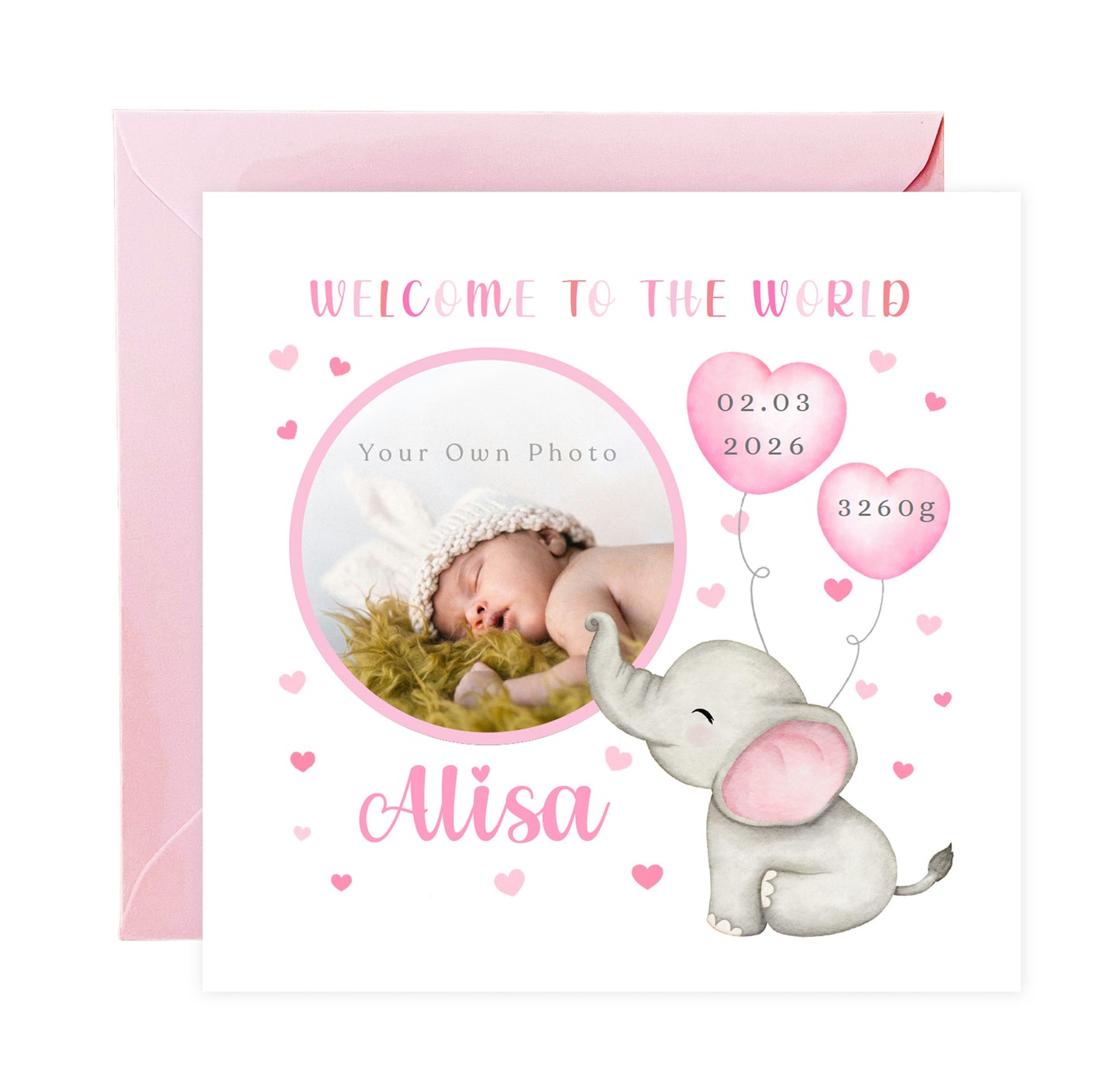 Personalised Phoro New Baby Girl Card Congratulations for Newborn Daughter, Granddaughter, Niece - Welcome To The World Card - Custom Photo Frame with Name, Birth Date & Weight with Pink Envelope
