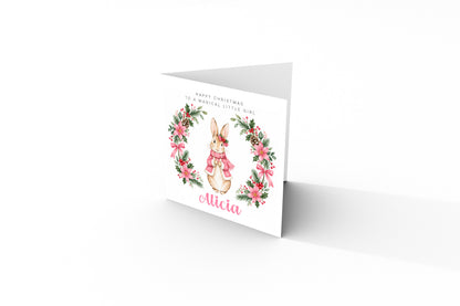 Personalised Christmas Card for Girls – Pink Festive Bunny and Xmas Wreath