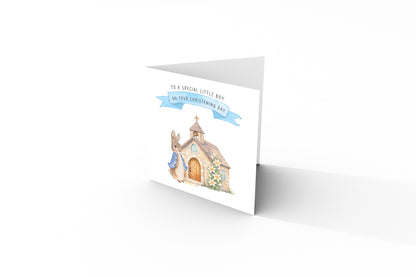 Christening Day Card for Boy – Cute Bunny & Church Design – To A Special Little Boy Baptism Christening Card for Boys, Son, Grandson, Nephew with Blue Envelope