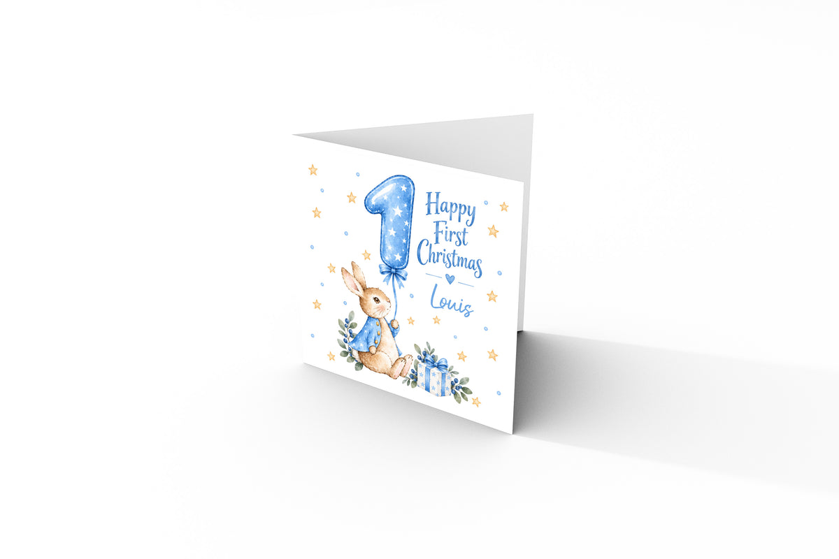 Personalised Baby Boy’s First Christmas Card – Blue Cute Bunny Design