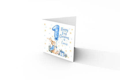 Personalised Baby Boy’s First Christmas Card – Blue Cute Bunny Design