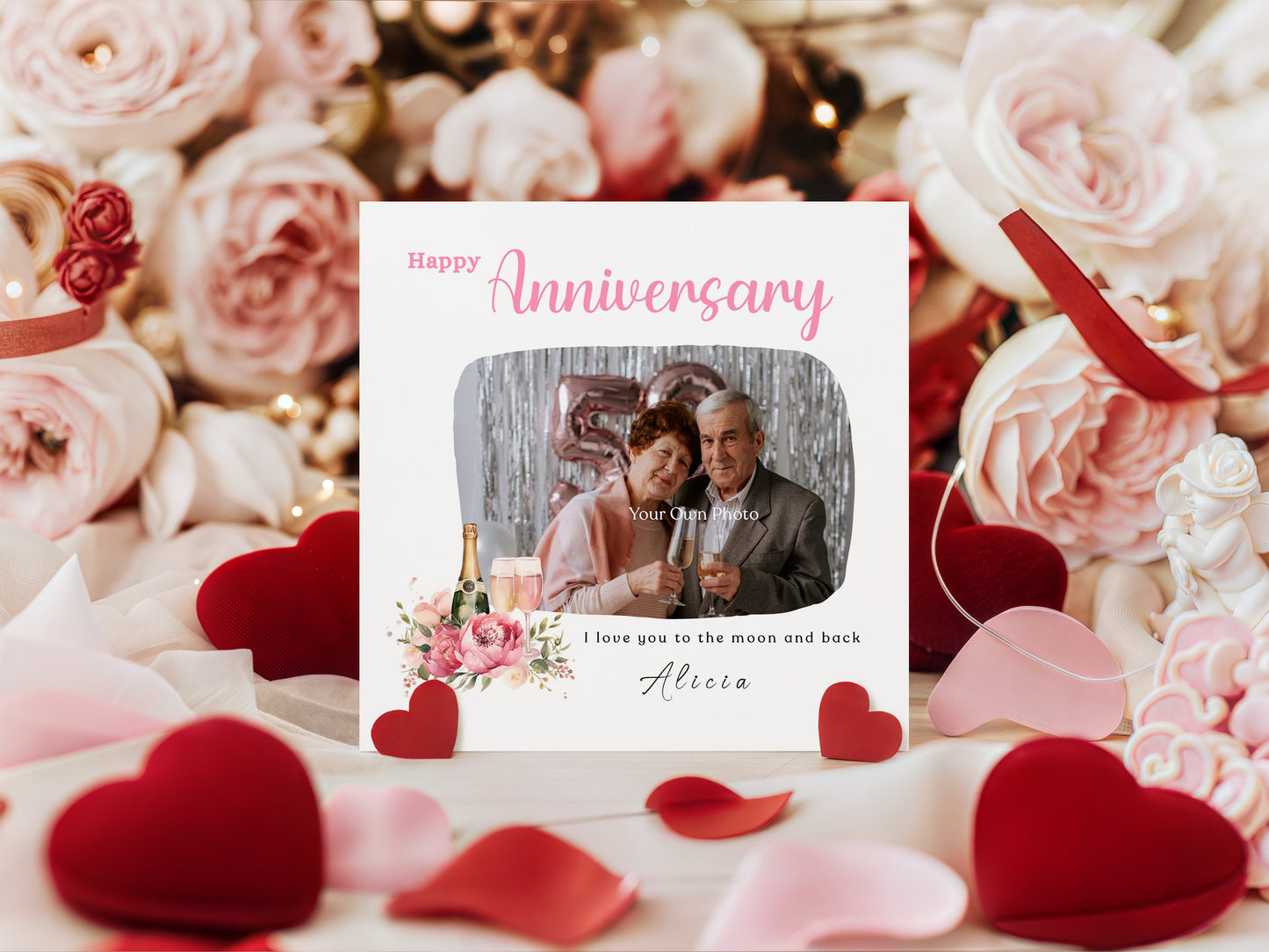 Personalised Photo Anniversary Card - Elegant Floral and Champagne Design - Custom Message, Name & Photo for Wedding, Relationship, Him, Her, Wife, Husband, Partner, Couple - Pink Envelope Included