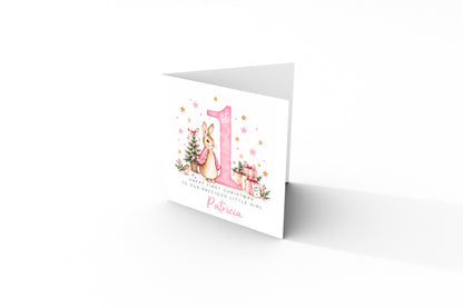 Personalised Christmas Card for Baby Girls – Cute Pink Rabbit and Number 1