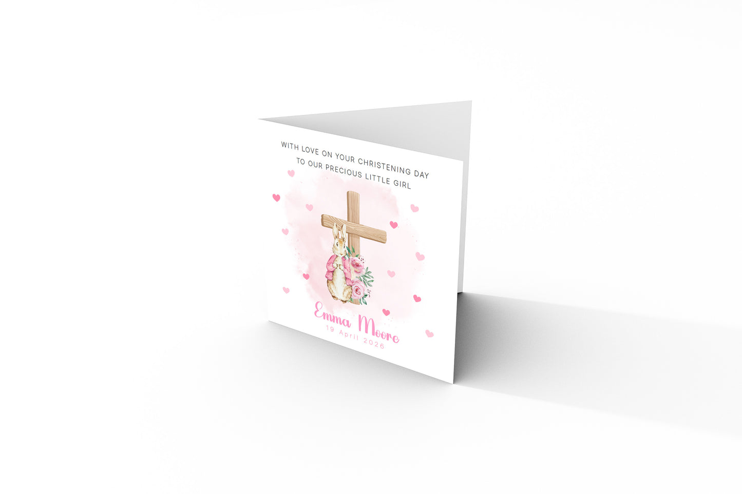 Personalised Christening Card for Girl – Custom Baptism Card with Message, Name & Date - Bunny Cross Floral Design – Baptism Card for Girls, Daughter, Granddaughter, Niece with Pink Envelope