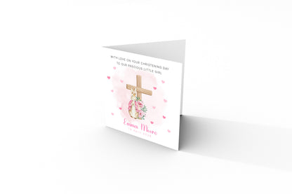 Personalised Christening Card for Girl – Custom Baptism Card with Message, Name & Date - Bunny Cross Floral Design – Baptism Card for Girls, Daughter, Granddaughter, Niece with Pink Envelope