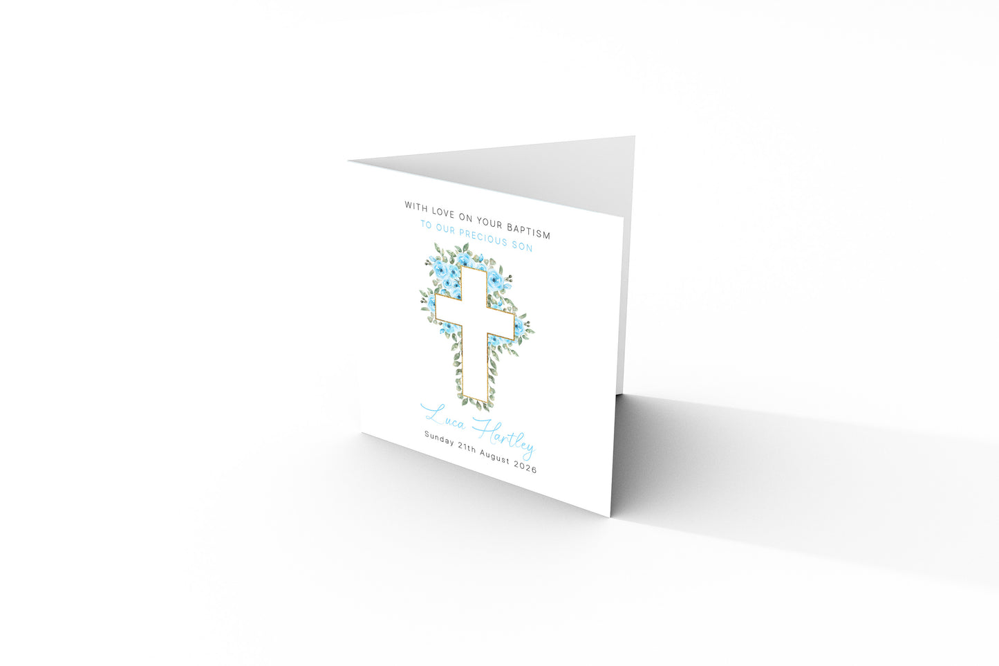 Personalised Christening Card for Boy – Custom Baptism Card with Message, Name & Date - Roses & Cross Design – Religious Baptism Card for Boys, Son, Grandson, Nephew with Blue Envelope