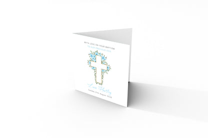 Personalised Christening Card for Boy – Custom Baptism Card with Message, Name & Date - Roses & Cross Design – Religious Baptism Card for Boys, Son, Grandson, Nephew with Blue Envelope