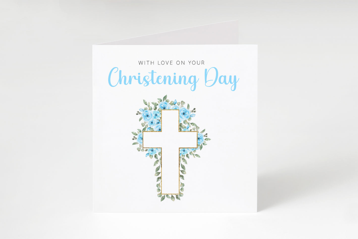 Baptism/ Christening Card for Boy – With Love On Your Christening Day - Roses & Cross Design – Religious Baptism Card for Boys, Son, Grandson, Nephew - Blue Envelope Included