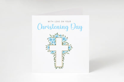 Baptism/ Christening Card for Boy – With Love On Your Christening Day - Roses & Cross Design – Religious Baptism Card for Boys, Son, Grandson, Nephew - Blue Envelope Included