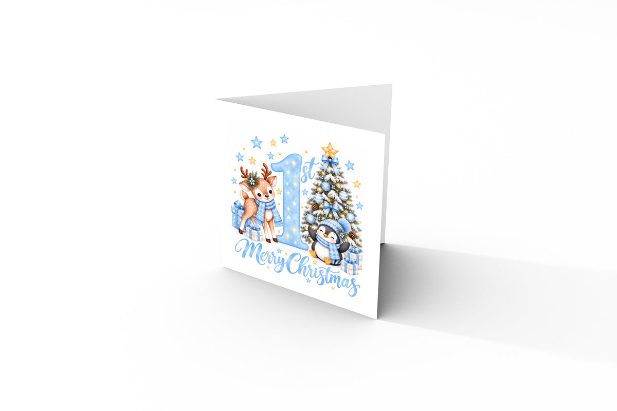 Baby Boy's 1st Christmas Card – Reindeer & Penguin Christmas Card
