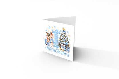 Baby Boy's 1st Christmas Card – Reindeer & Penguin Christmas Card
