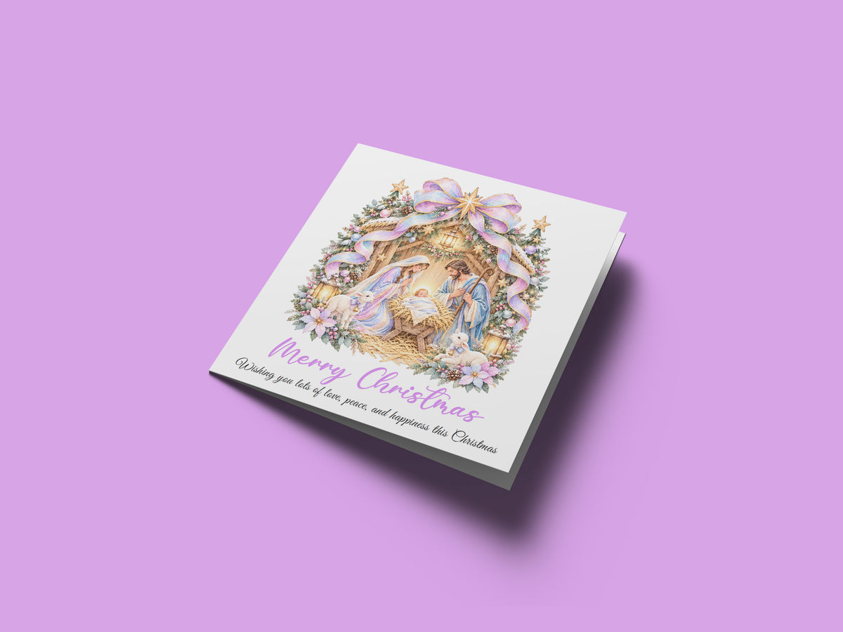 Pastel Nativity Christmas Card – Lilac & Pink Baby Jesus Greeting