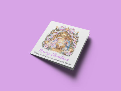 Pastel Nativity Christmas Card – Lilac & Pink Baby Jesus Greeting