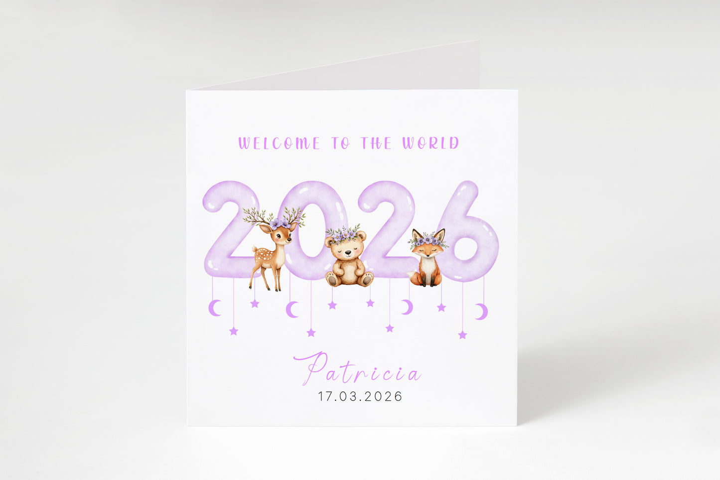2026 Personalised New Baby Girl Card Congratulations for Newborn Daughter, Granddaughter, Niece, Welcome To The World Card  - Woodland Animals Design with Custom Name and Date with Purple Envelope