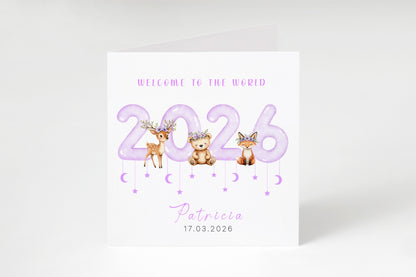 2026 Personalised New Baby Girl Card Congratulations for Newborn Daughter, Granddaughter, Niece, Welcome To The World Card  - Woodland Animals Design with Custom Name and Date with Purple Envelope