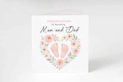 Personalised New Baby Girl Card – Congratulations On Becoming Mum & Dad, Auntie & Uncle, Grandpa & Grandma – Floral Baby Feet design - Pink Envelope Included