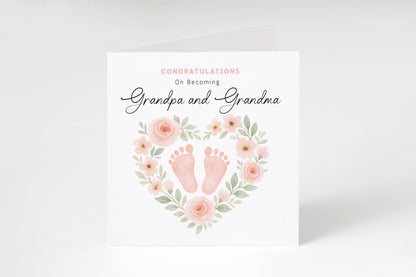 Personalised New Baby Girl Card – Congratulations On Becoming Mum & Dad, Auntie & Uncle, Grandpa & Grandma – Floral Baby Feet design - Pink Envelope Included
