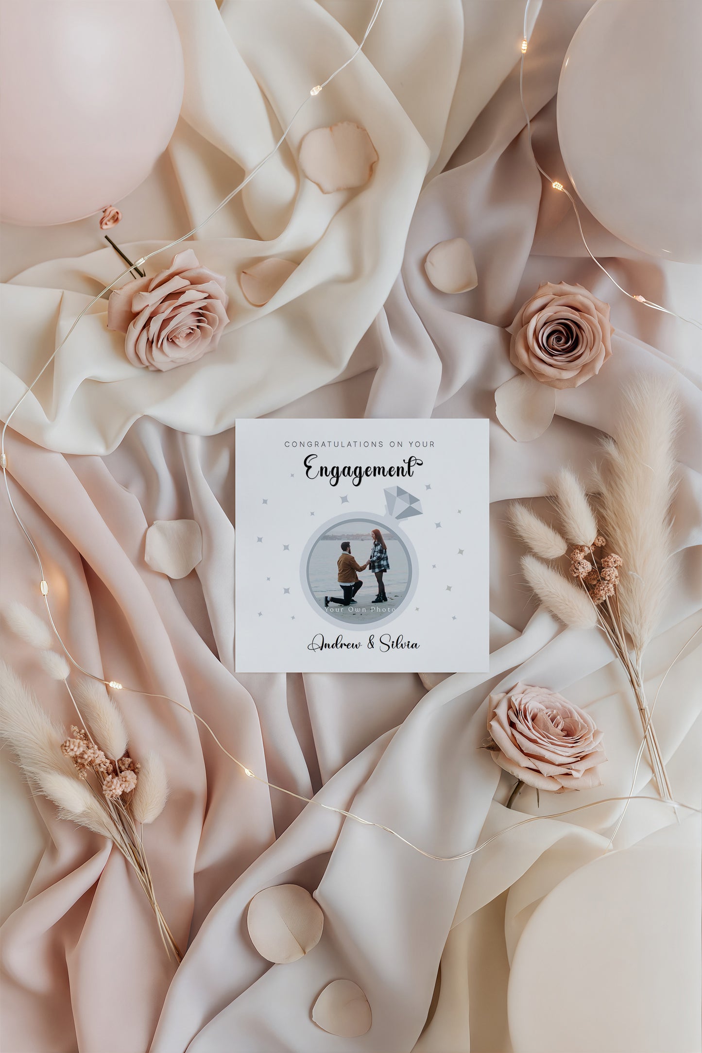 Personalised Photo Engagement Card – Custom Photo & Couple's Names - Diamond Ring Photo Frame Design - Congratulations Engagement Card for Newly Engaged Couples - Kraft Envelope Included