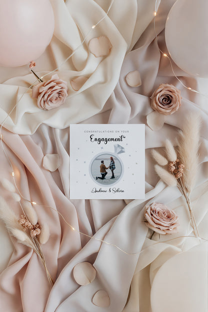 Personalised Photo Engagement Card – Custom Photo & Couple's Names - Diamond Ring Photo Frame Design - Congratulations Engagement Card for Newly Engaged Couples - Kraft Envelope Included