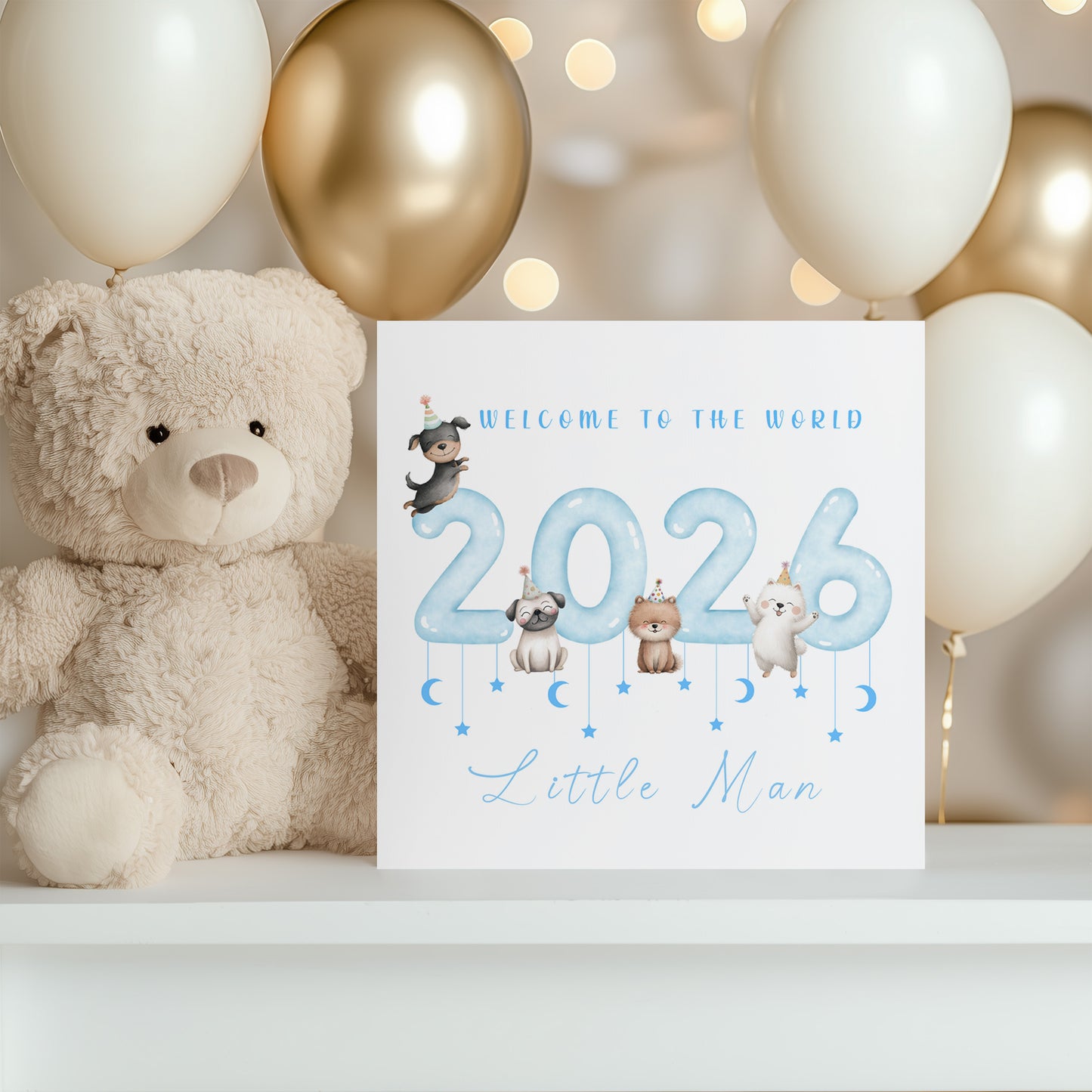 New Baby Boy Card Congratulations for Newborn Boy, Welcome To The World Card, Baby Shower Card for Son, Grandson, Nephew, Baby Boy, Little One - Cute Puppy Dogs Design - Blue Envelope Included