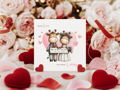 Personalised Wedding Card with Custom Couple's Names & Wedding Date – Cute Giraffe Design - Wedding Congratulations Card for Newlywed couples, Animal Lovers, Him or Her - Pink Envelope Included