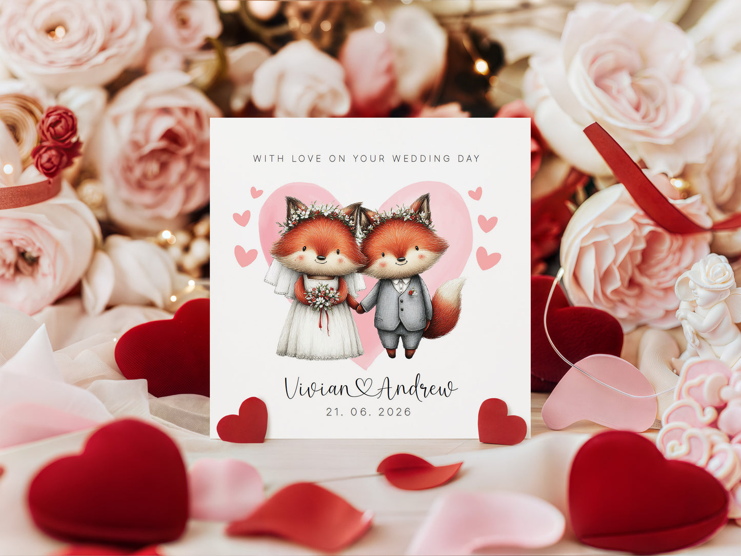 Personalised Wedding Card with Custom Couple's Names & Wedding Date – Cute Fox Design - Wedding Congratulations Card for Newlywed couples, Animal Lovers, Him or Her - Pink Envelope Included