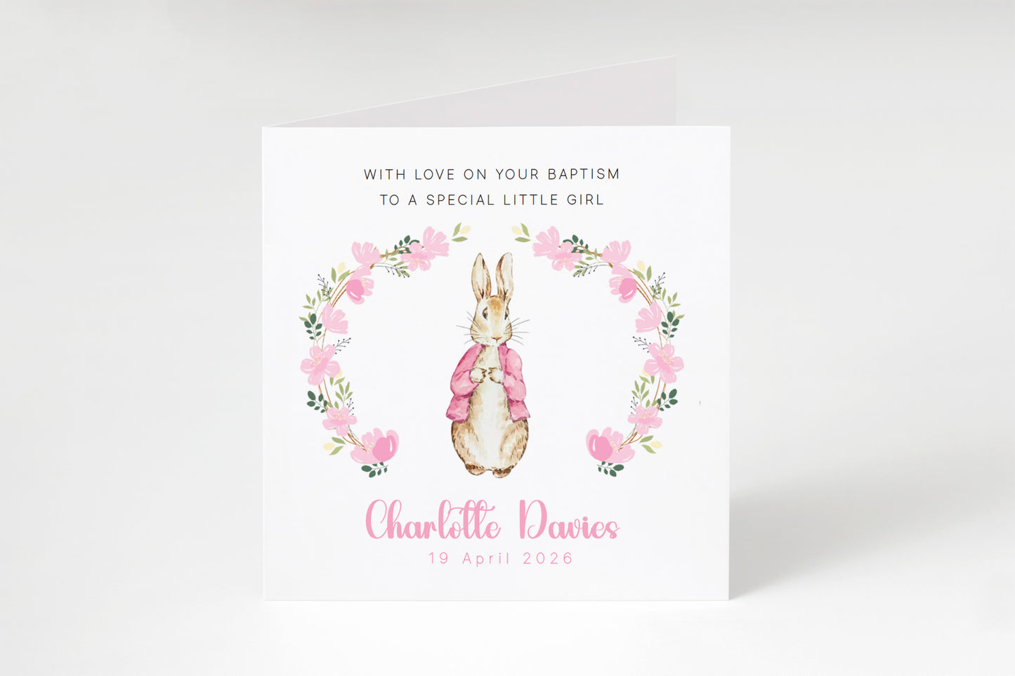 Personalised Christening Card for Girl – Custom Baptism Card with Message, Name & Date - Floral Wreath Bunny Design – Baptism Card for Girls, Daughter, Granddaughter, Niece with Pink Envelope