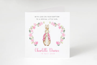 Personalised Christening Card for Girl – Custom Baptism Card with Message, Name & Date - Floral Wreath Bunny Design – Baptism Card for Girls, Daughter, Granddaughter, Niece with Pink Envelope