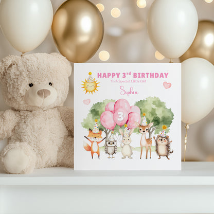 Personalised 3 Years Old 3rd Birthday Card for Toddler Girl – Woodland Animal Design with Custom Name & Message - Age 3 Year Old Birthday Card for Daughter, Granddaughter, Niece with Pink Envelope