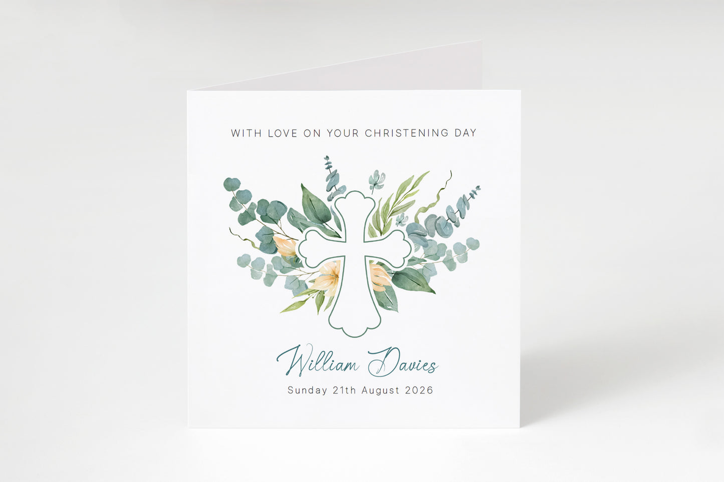 Personalised Christening Card for Boys or Girls – Elegant Greenery Cross Design with Custom Name and Date - Baptism Card for Son, Daughter, Grandson, Granddaughter, Nephew, Niece with Green Envelope