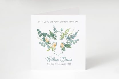 Personalised Christening Card for Boys or Girls – Elegant Greenery Cross Design with Custom Name and Date - Baptism Card for Son, Daughter, Grandson, Granddaughter, Nephew, Niece with Green Envelope