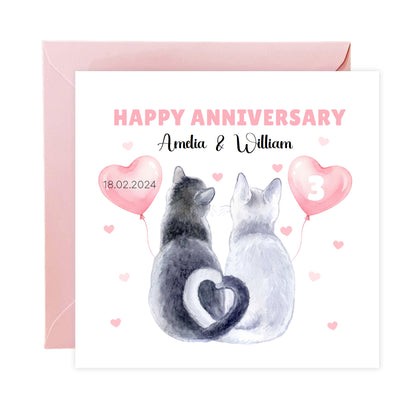 Personalised Cute Cats Anniversary Card - Custom Couple Names, Date and Years of Anniversary for Wedding, 1st, 2nd,10th, 20th - For Cat Lovers, Him, Her, Wife, Husband - Pink Envelope Inclided